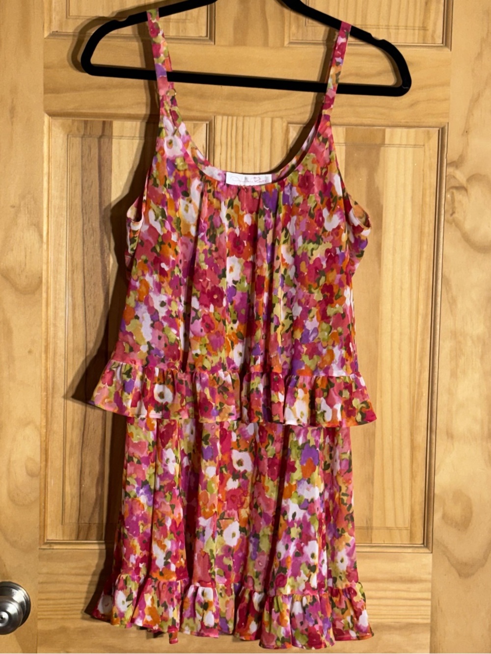 Oscar de la Renta Pink Floral Tiered Ruffle Tank
